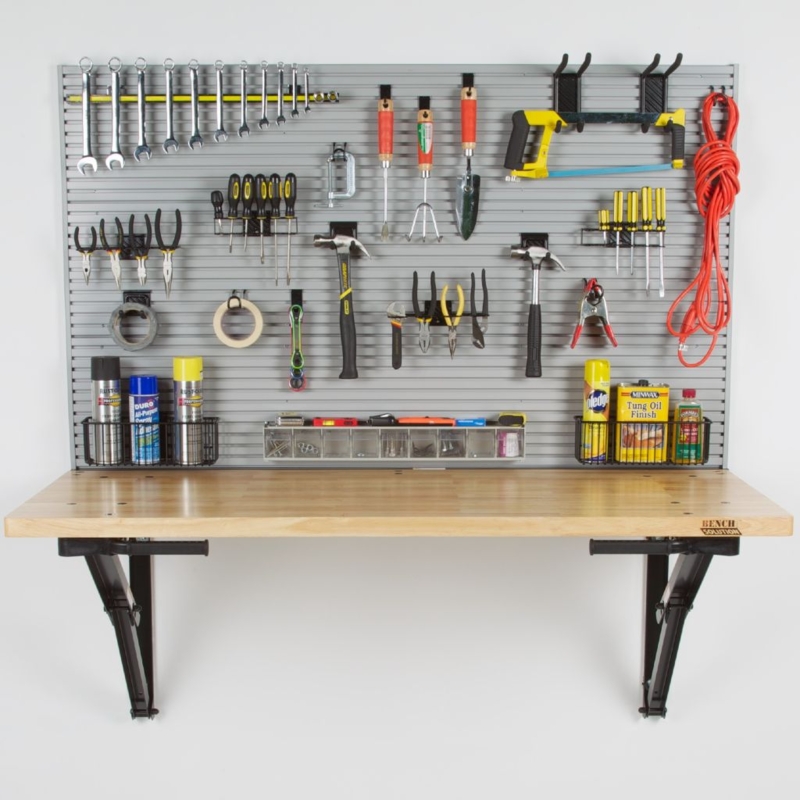 Wall Mounted Folding Workbench with Slatwall System