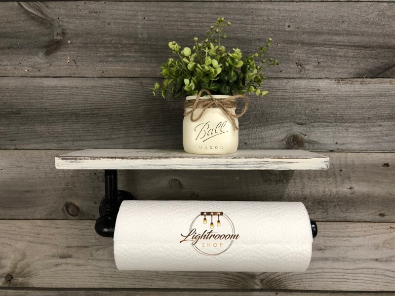 Wall Mounted Industrial Pipe Paper Towel Holder with Rustic Shelf