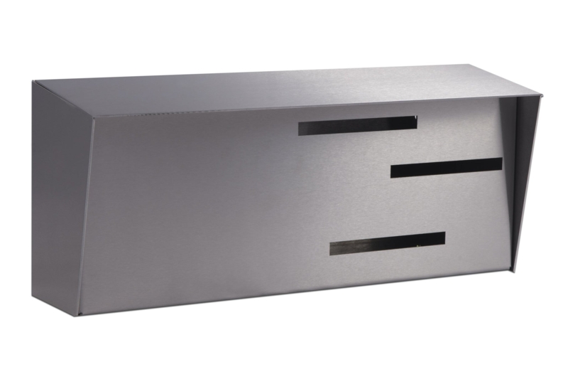 Wall Mounted Mailbox: Brushed Silver with Geometric Viewing Slots.
