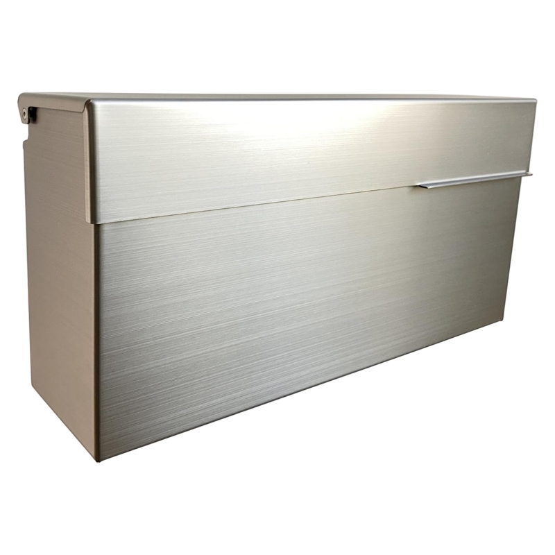 Wall Mounted Mailbox: Brushed Stainless Steel with Rainproof Overhang.