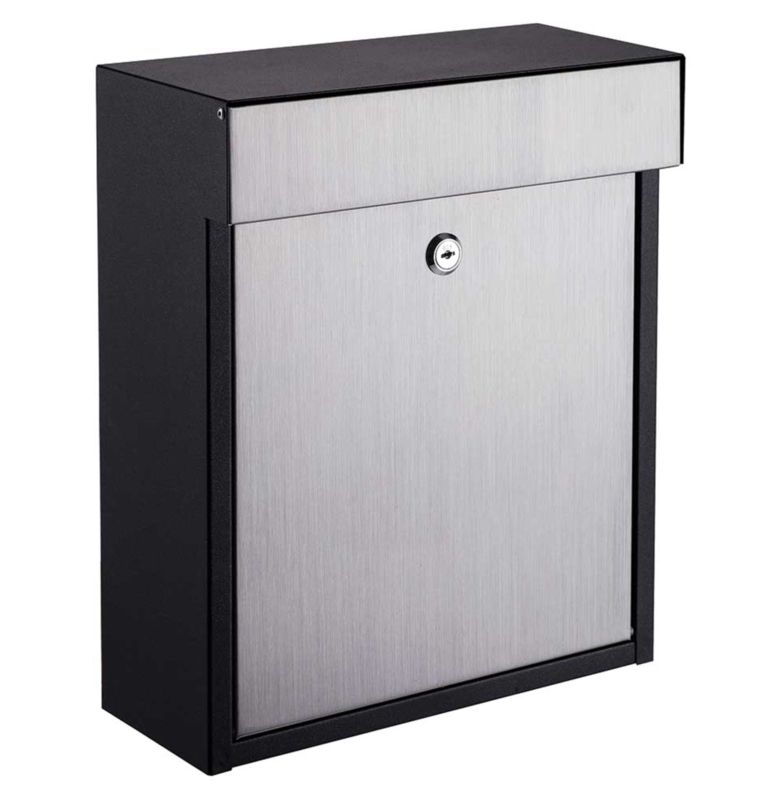 Wall Mounted Mailbox: Locking Brushed Silver Panel and Black Frame.