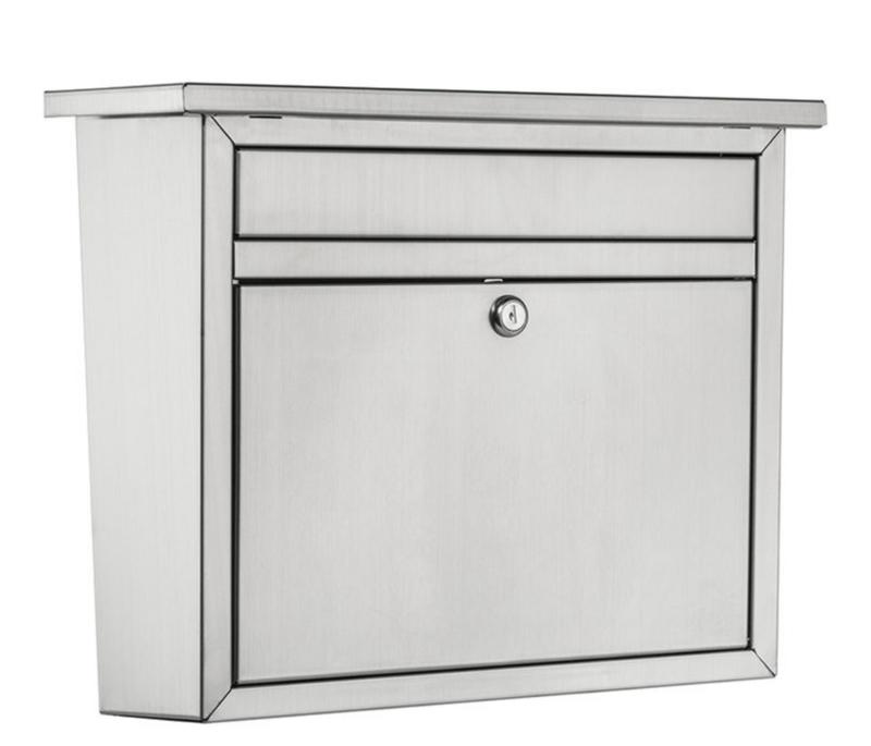 Wall Mounted Mailbox: Locking Brushed Stainless Steel Mitered Frame.