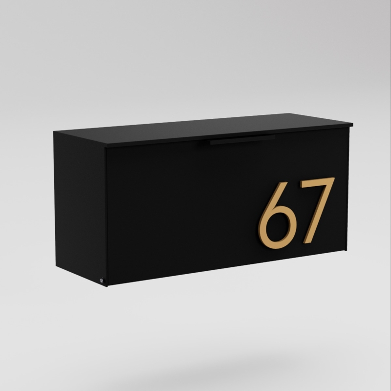 Wall Mounted Mailbox: Matte Black Horizontal with Gold House Numbers.