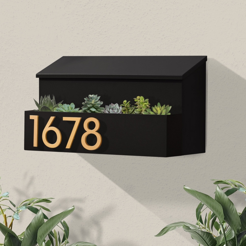 Wall Mounted Mailbox: Matte Black with Integrated Planter, Gold Numbers.