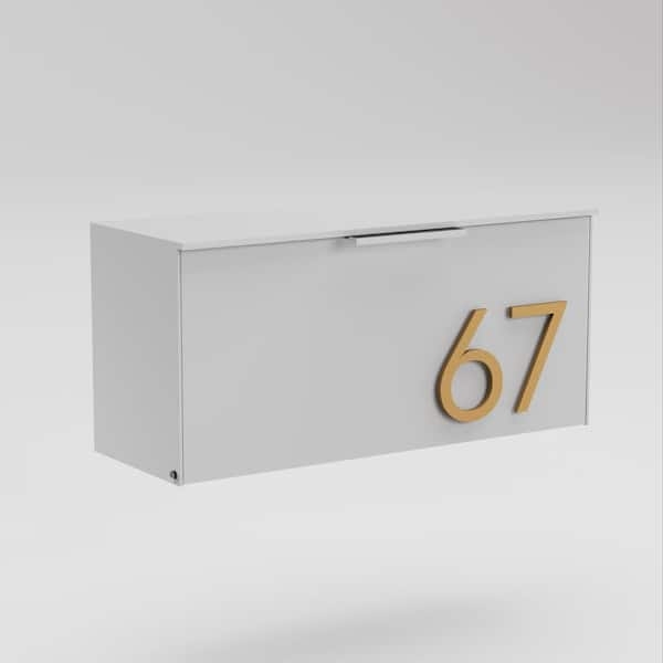 Wall Mounted Mailbox: Matte White Horizontal with Gold Accents.