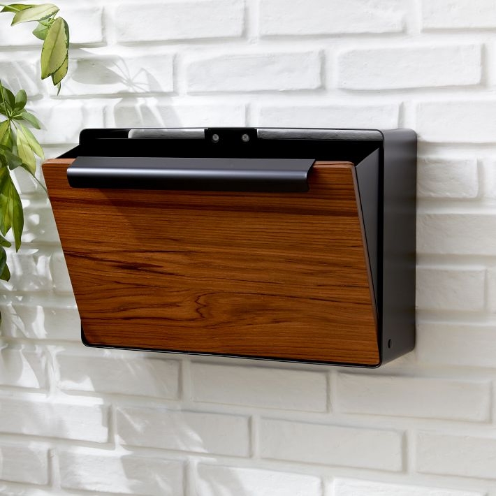 Wall Mounted Mailbox: Teak Front Panel and Matte Black Steel.