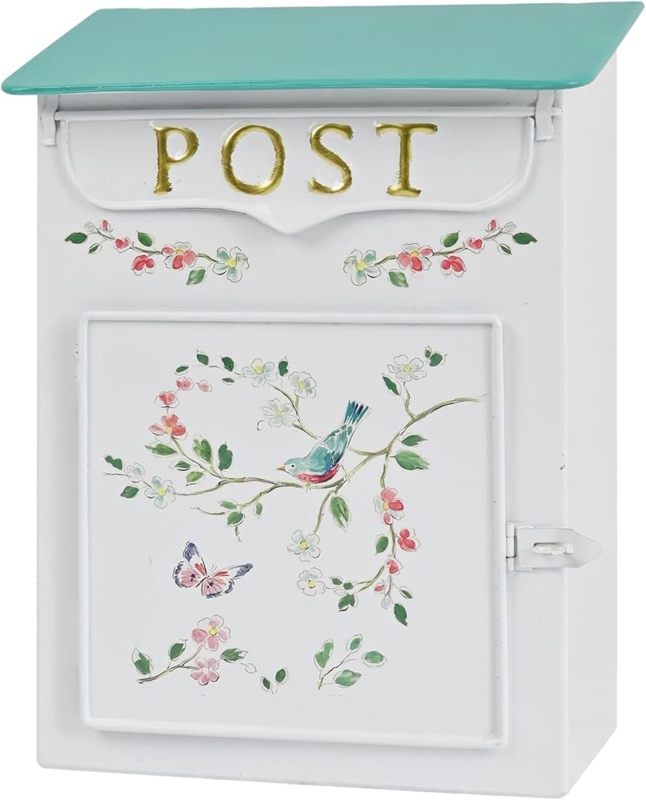 Wall Mounted Mailbox Teal Lid Floral And Bird Pattern White Metal