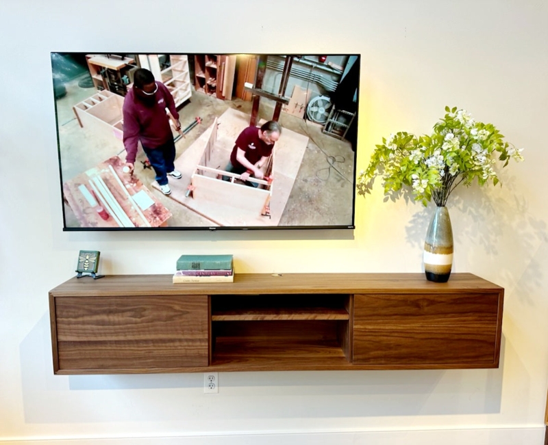 Wall Mounted Media Console Walnut Horizontal Grain Handleless Doors