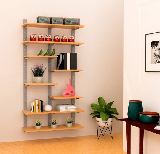 Wall Mounted Shelving: Staggered Mixed Width Shelves on Slat Strip Mount