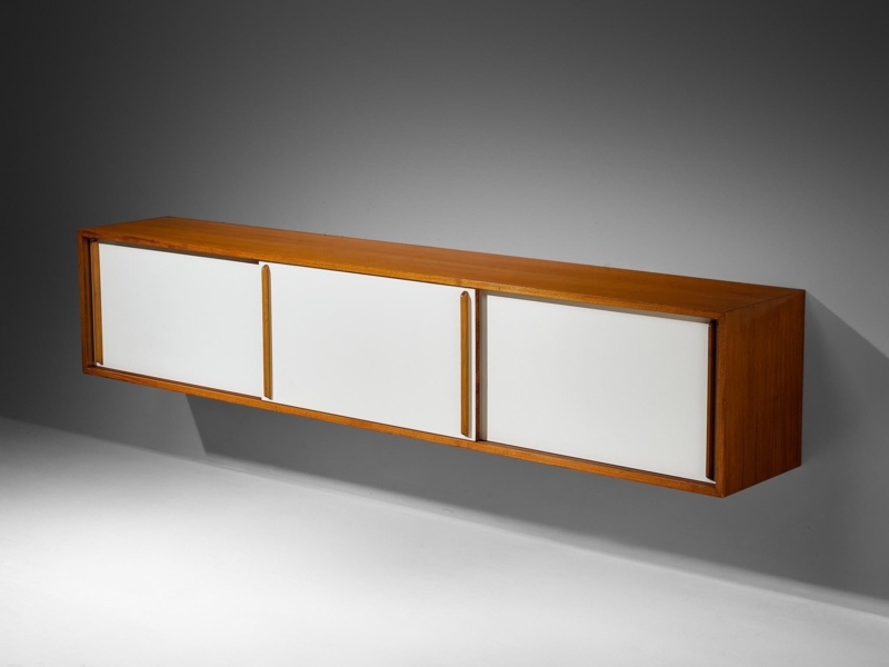 Wall Mounted Sideboard Walnut Sliding White Panels Floating Credenza