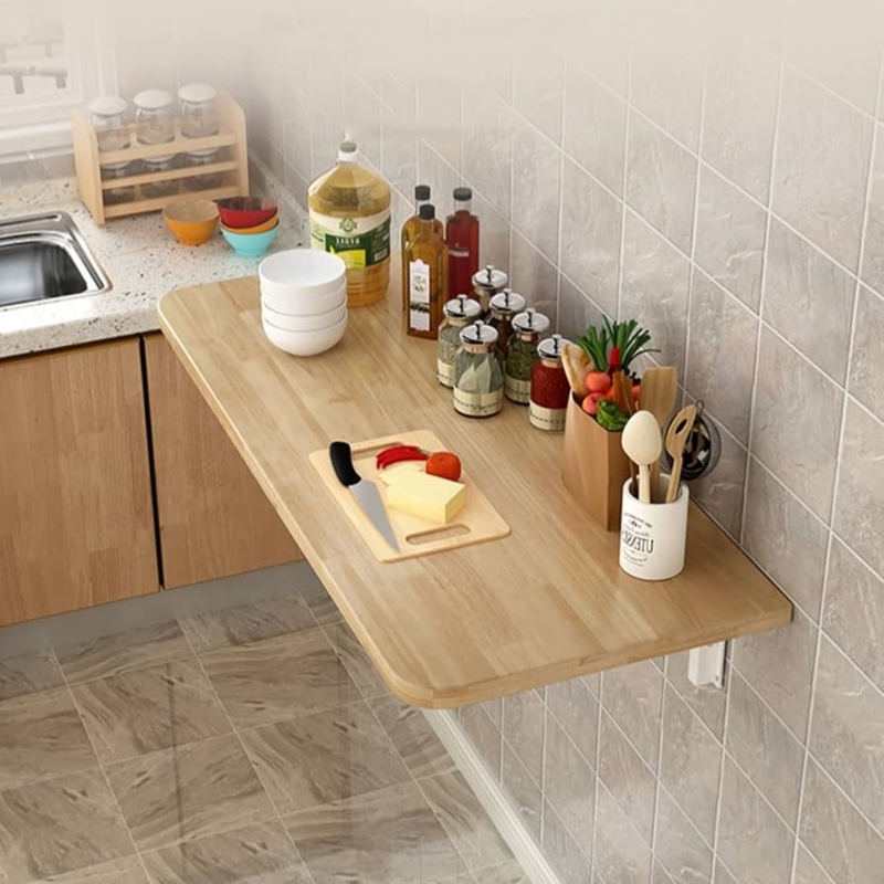Wall Mounted Table Butcher Block Top Folding Mechanism Space Saving