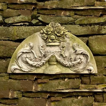 Wall Plaque Semi Circular Floral Relief Weathered Stone Overdoor