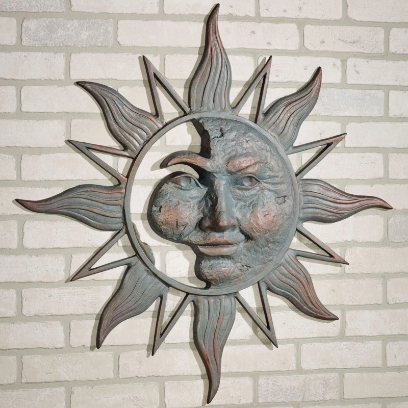 Wall Plaque Verdigris Patina Sun Face Design Mixed Ray Shapes