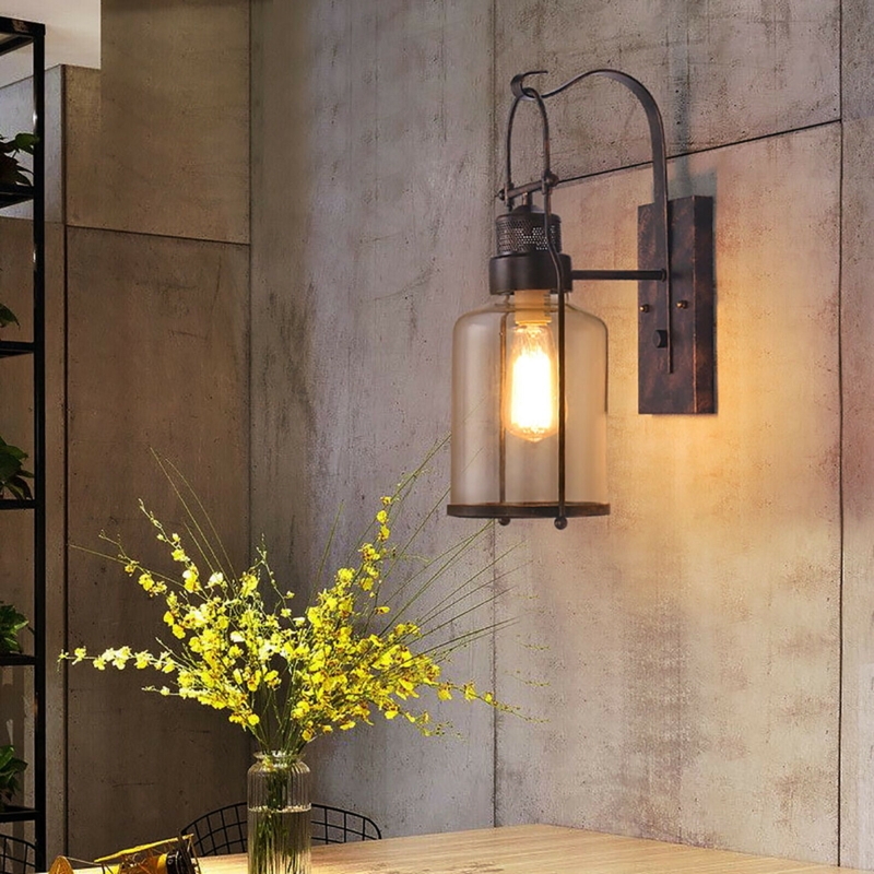 Wall Sconce: Industrial Hook Mount with Glass Cylinder Shade