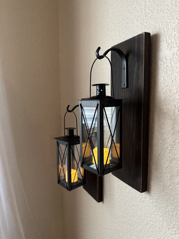 Wall Sconce: Rustic Wood Plaque Mount with X-Frame Lantern