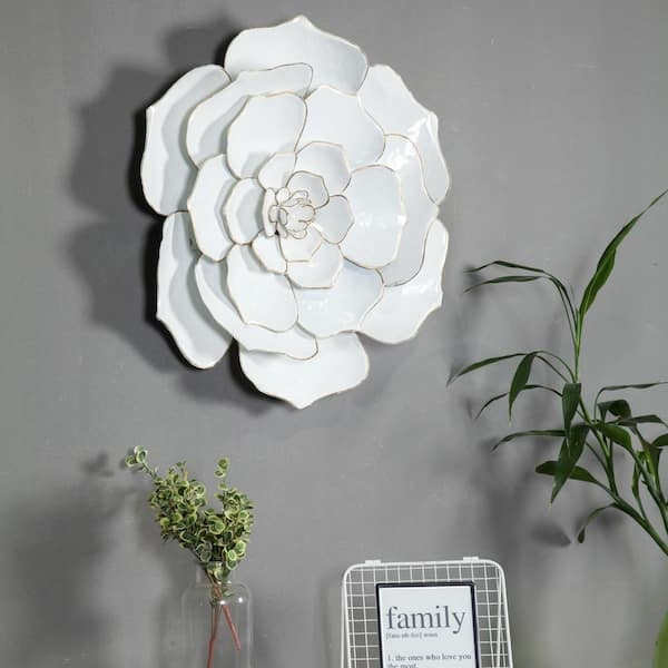 Wall Sculpture Gold-Edged Petals White Enamel Large