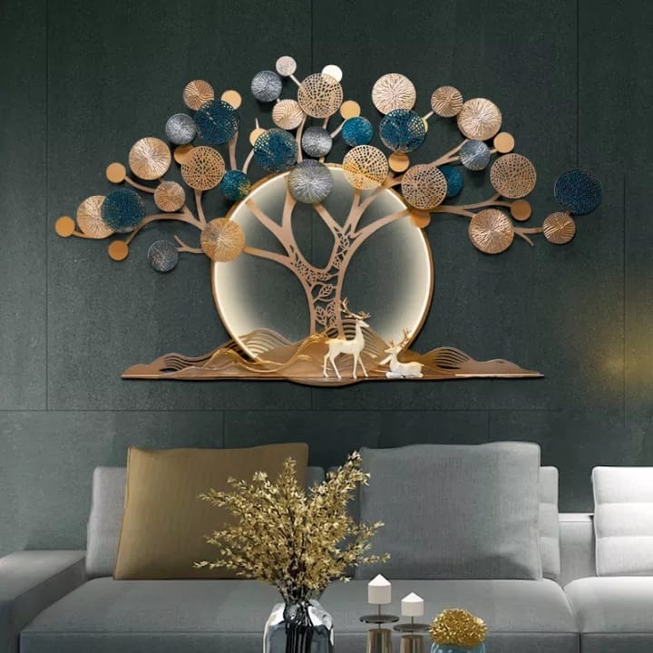 Wall Sculpture Integrated Backlight Tree Motif Gold Filigree Details