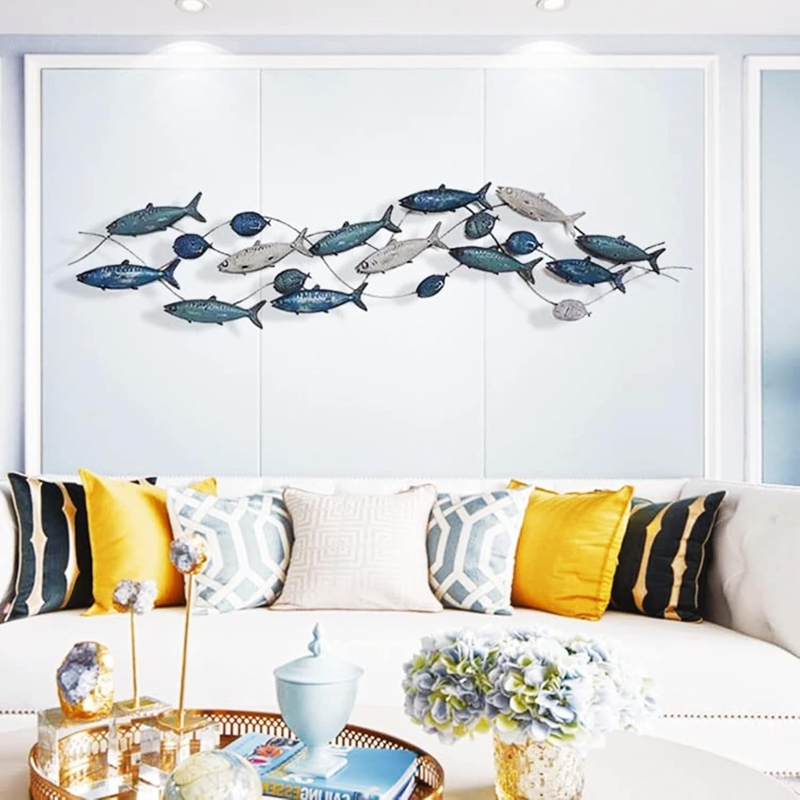 Wall Sculpture Large Metal School of Fish Motif Teal & Silver 55 Inch