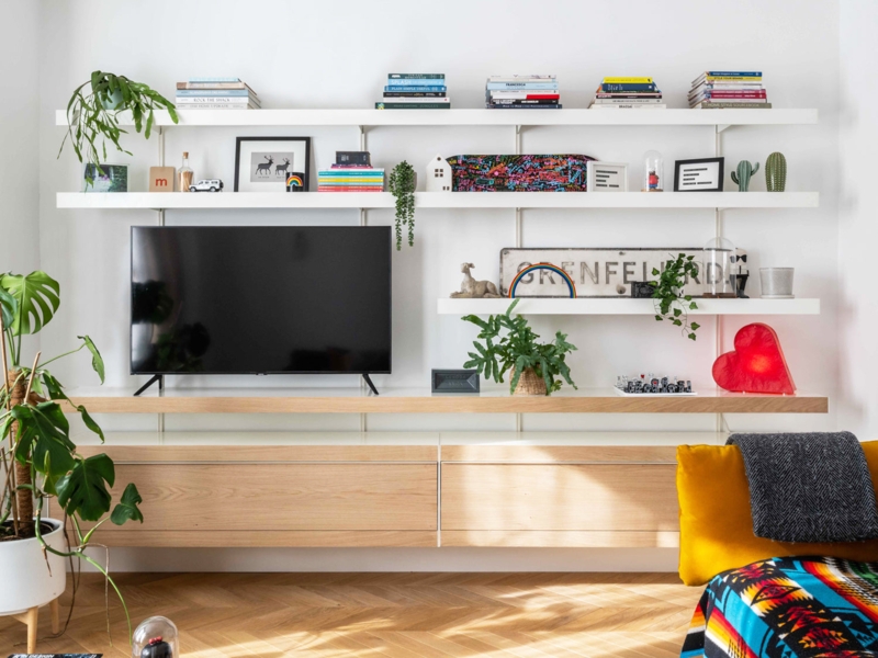 Wall Shelving System: Modular Floating Drawers on Vertical Tracks