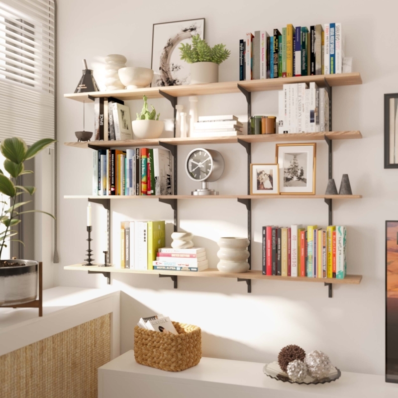 Wall Shelving Unit: Adjustable Rail System, Scandi Industrial Wood & Metal