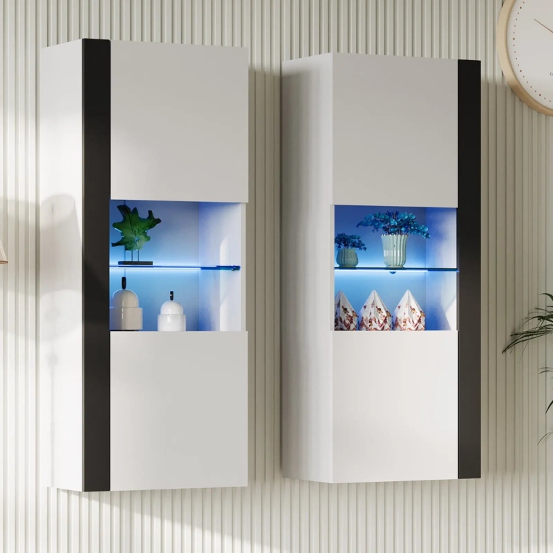 Wall Storage Cabinet Glossy White Blue LED Asymmetric Black Trim