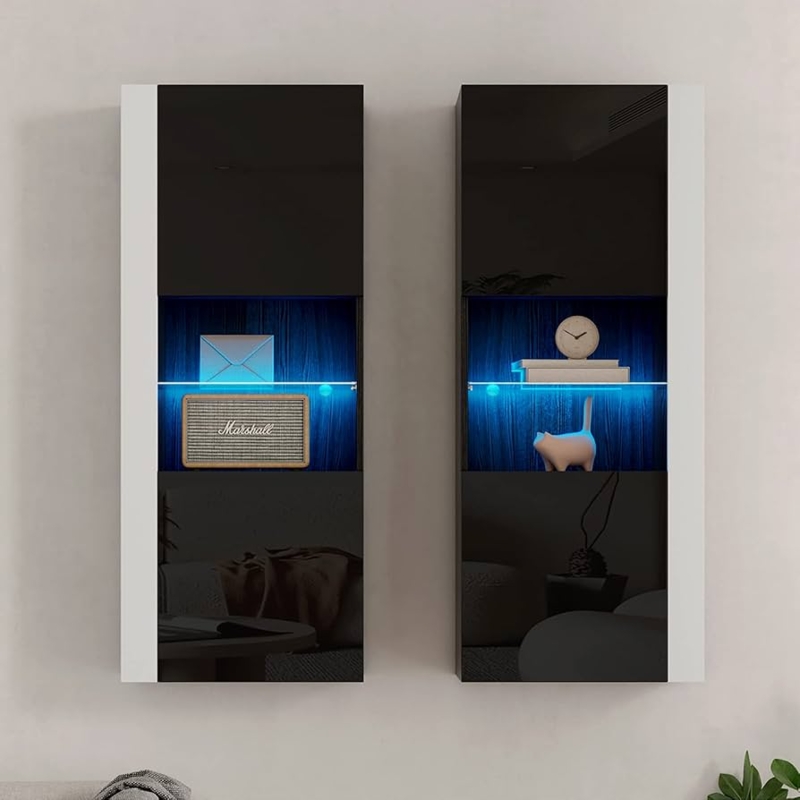 Wall Storage Unit High Gloss Black LED Backlighting Minimalist