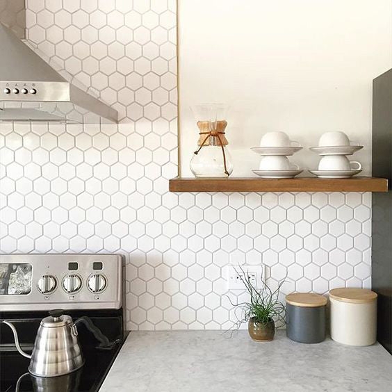 Wall Tile Glossy Mosaic Hexagon Retro Inspired with Gooseneck Kettle