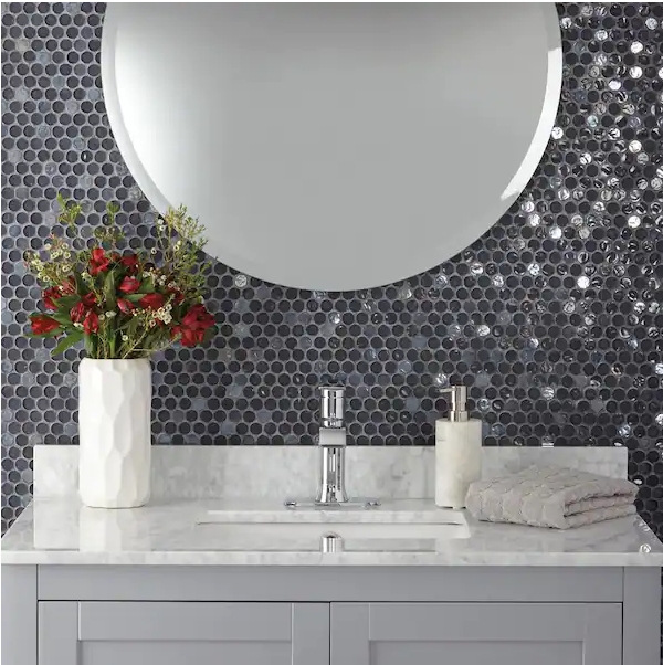 Wall Tile: Iridescent Charcoal Gray Glass Penny Round Glam Mosaic
