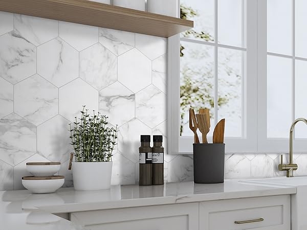 Wall Tile Large Scale Calacatta Peel and Stick Backsplash, Matte Finish