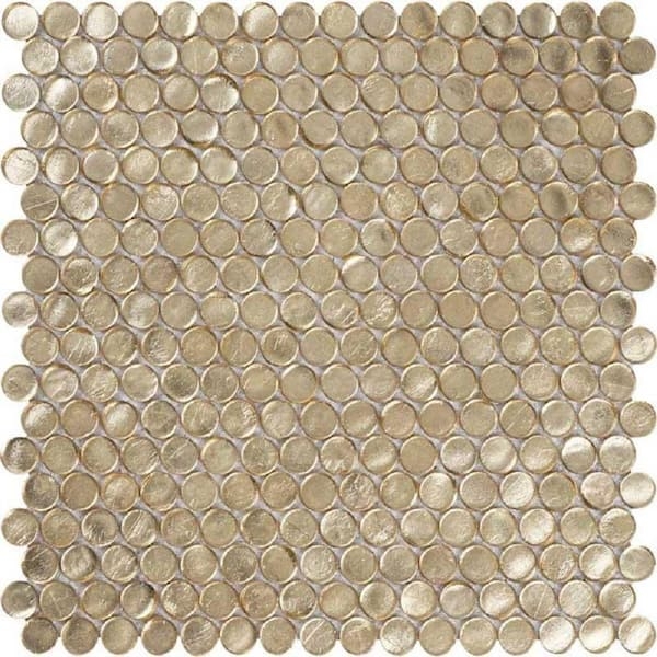 Wall Tile: Polished Gold Glass Penny Round Metallic Backsplash