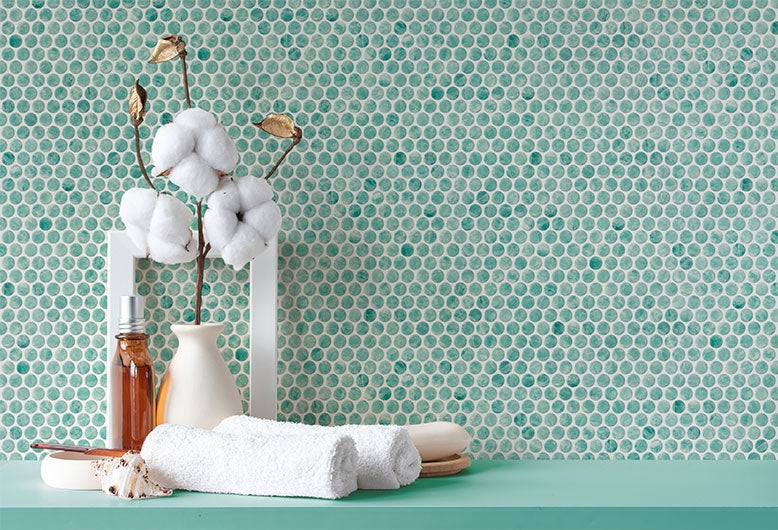 Wall Tile: Variegated Aqua Teal Glass Penny Round Coastal Mosaic
