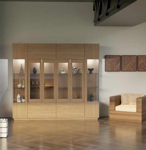 Wall Unit Contemporary Minimalist Symmetrical Glass Doors Integrated Lighting