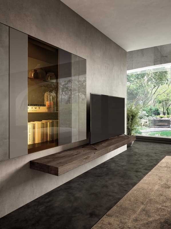 Wall Unit Smoked Grey Glass Cabinet Floating Wood Shelf Lighting