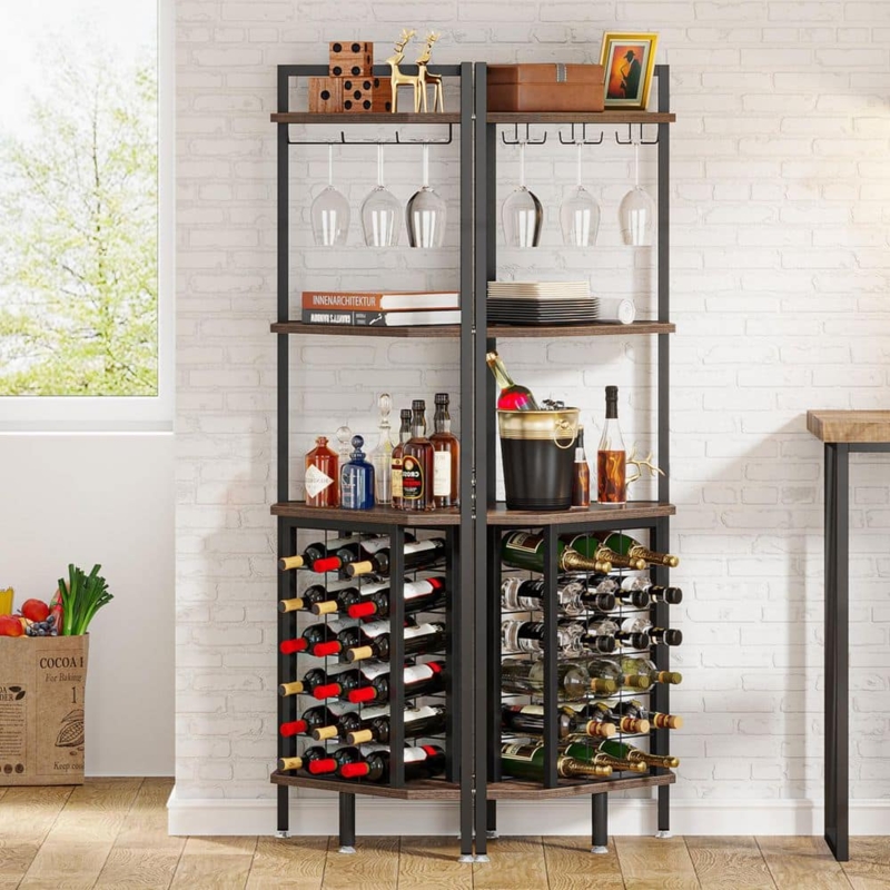 Walnut and Black Corner Wine Rack with Lattice Storage