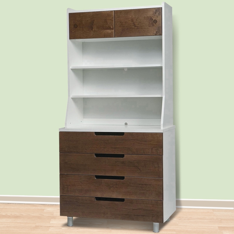 Walnut and White Dresser Hutch with Recessed Finger Pulls
