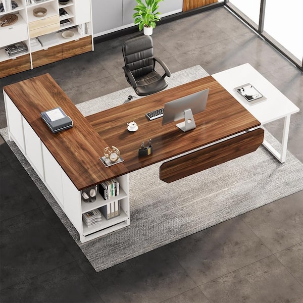Walnut and White L-shaped Desk with Integrated Storage Wing