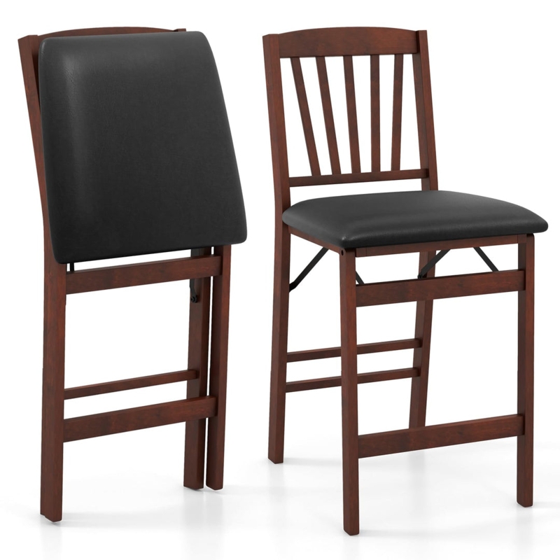 Walnut Brown Wood Folding Bar Stool Black Upholstered Slat Back