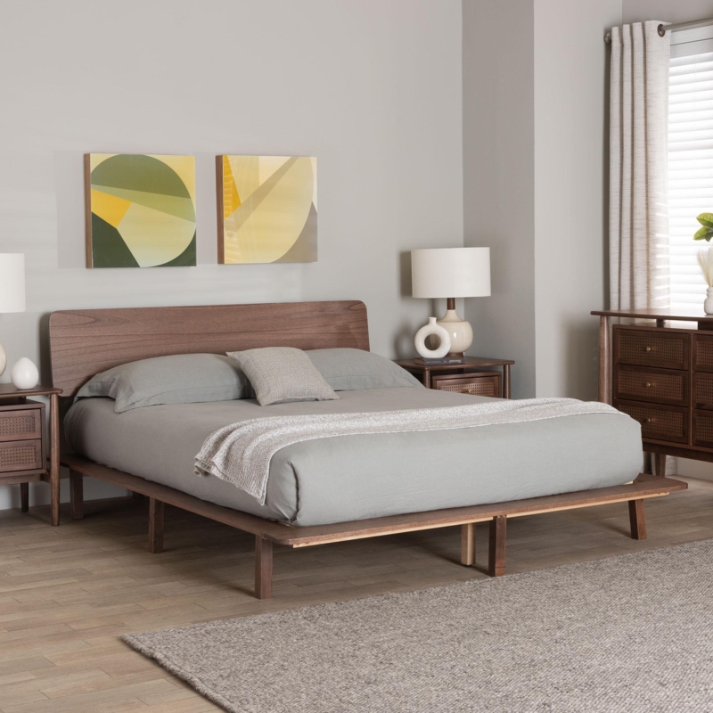 Walnut Brown Wood Platform Bed Curved Headboard Tapered Legs