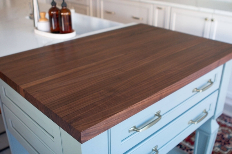 Walnut Butcher Block Top on Powder Blue Shaker Cabinetry