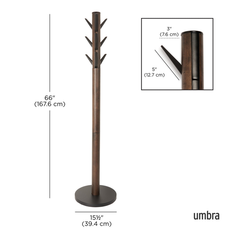Walnut Coat Stand Flip Down Hooks Slender Profile Weighted Base