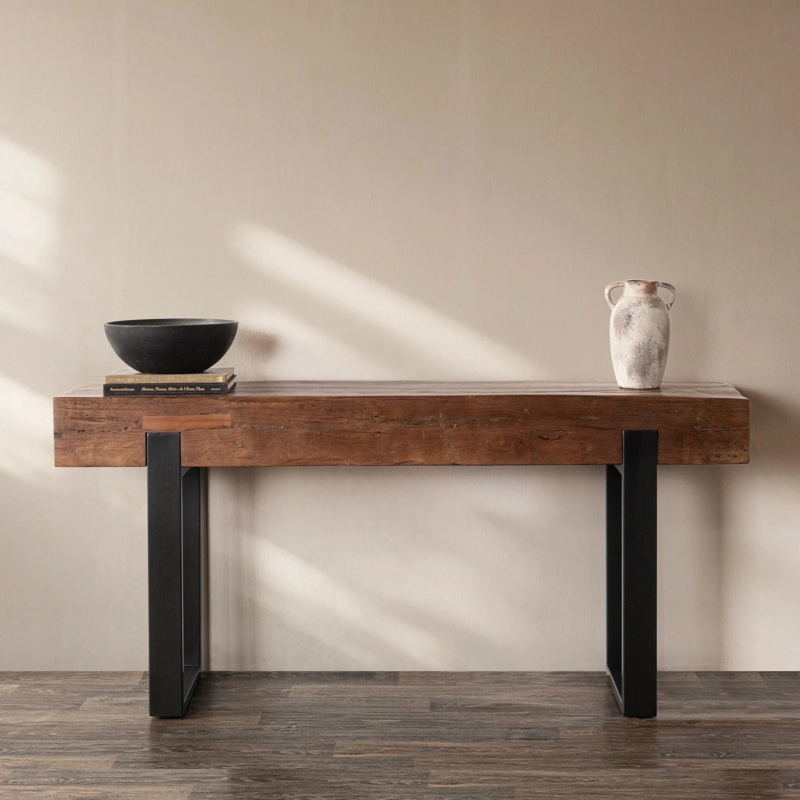 Walnut Console Table with Thick Slab Top and Inset Base