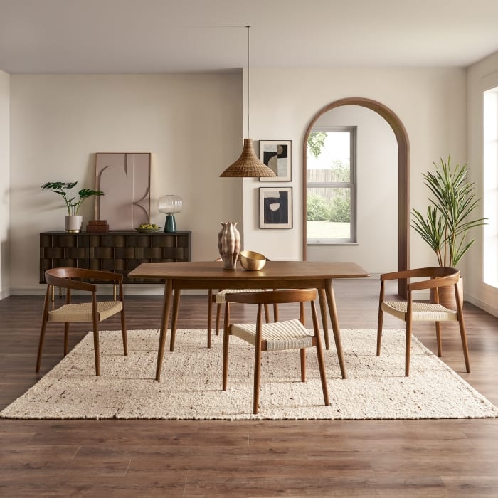 Walnut Dining Set with Curved Backrest Chairs and Woven Seats