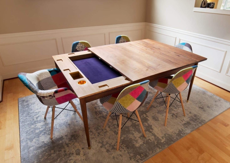 Walnut Dining Table with Sliding Top Reveals Recessed Gaming Well