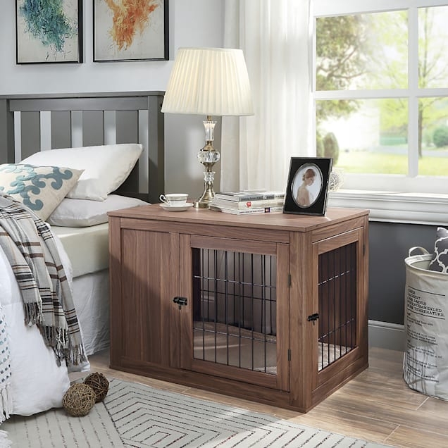 Walnut Dog Crate End Table Double Door Access Sliding Metal Latches