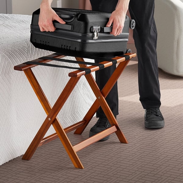 Walnut Folding Luggage Rack with X-Frame Base for Guest Room