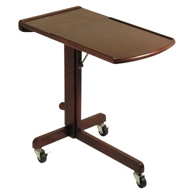 Walnut Laptop Cart C-Shaped Base Lipped Tray Adjustable Height