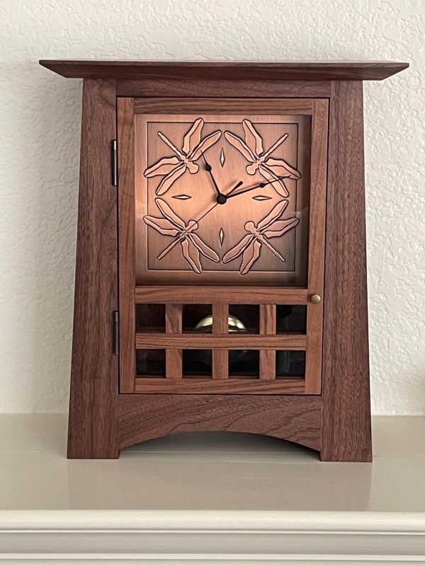 Walnut Mantel Clock featuring Copper Dragonfly Motif Face