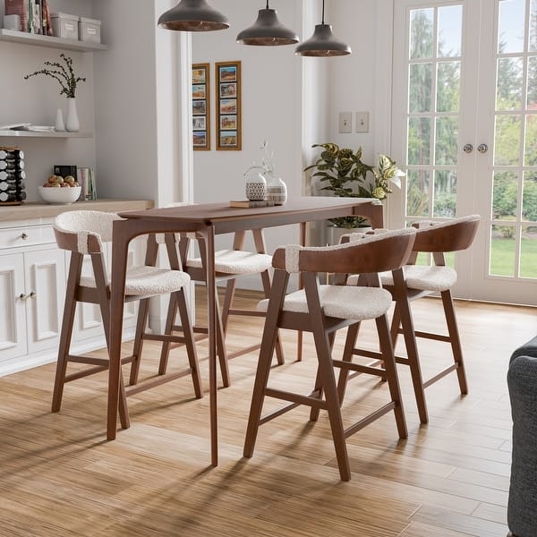 Walnut Mid Century Set Boucle Counter Stools Wrap Around Back