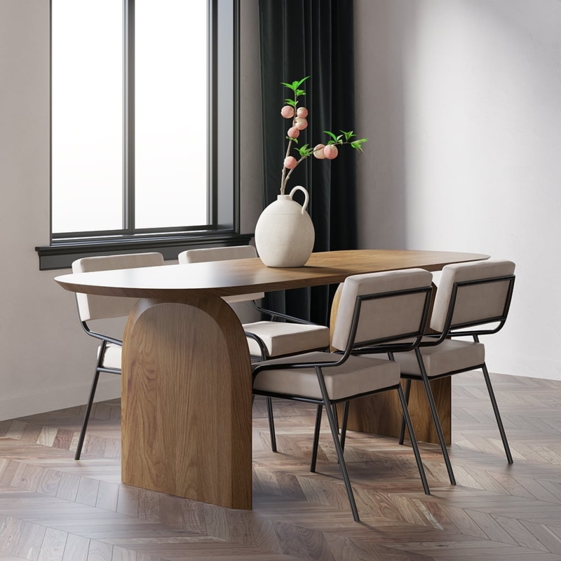 Walnut Oval Dining Table with Arched Pedestal and Slim Metal Chairs