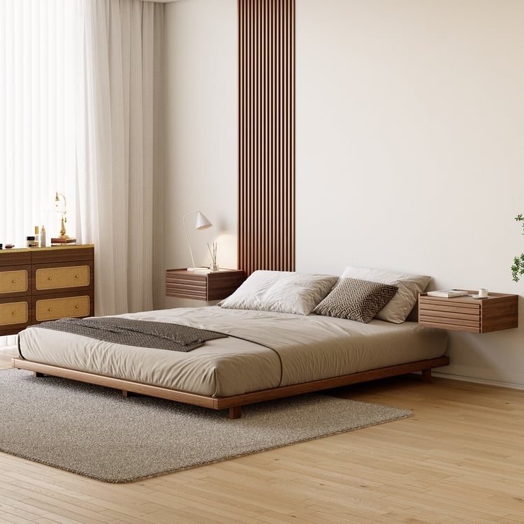 Walnut Platform Bed Floating Nightstands Japanese Style